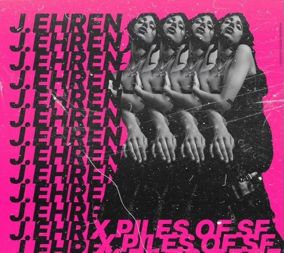 Flier with J.ehren in black lets with pink background and a black and white figure.